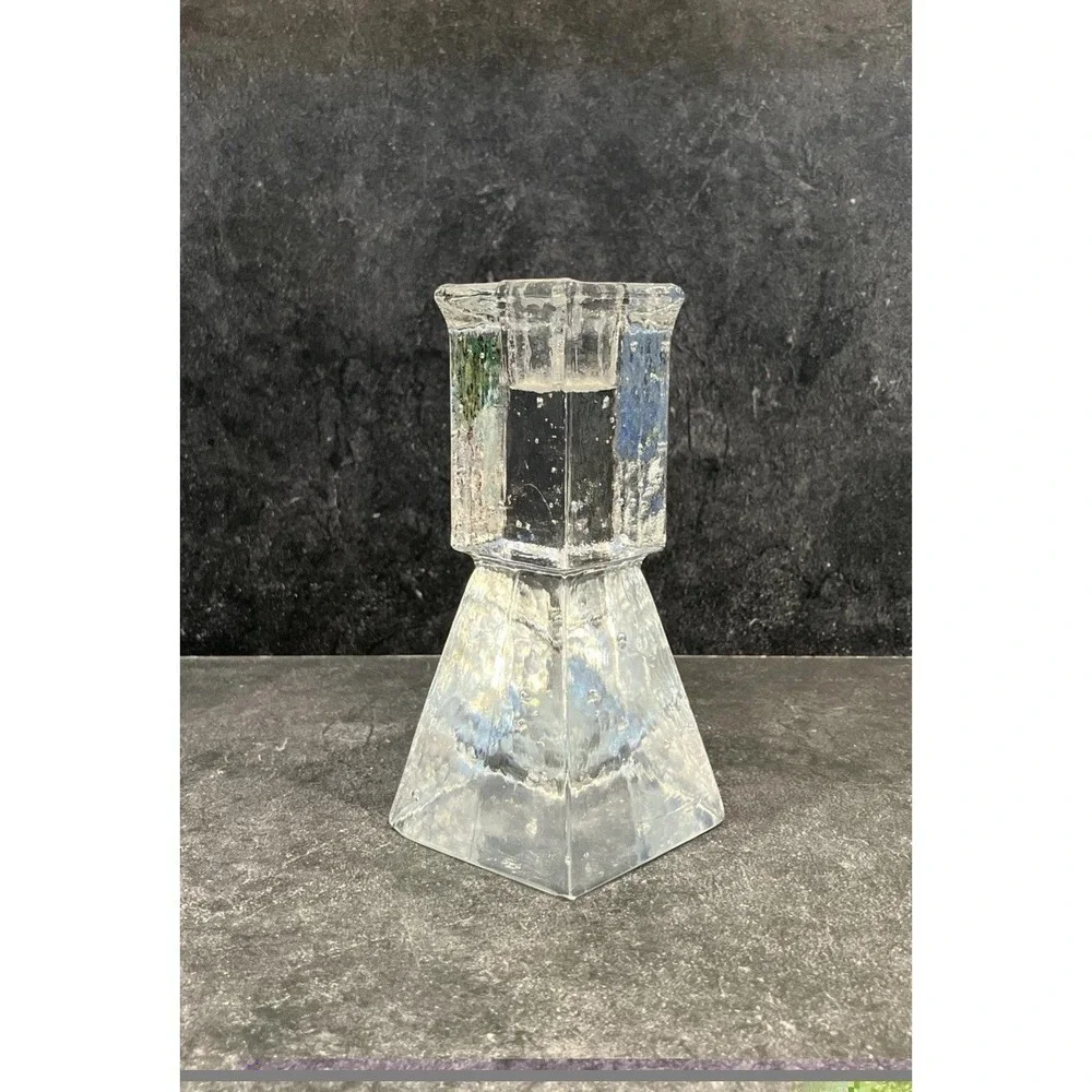 Scandinavian Ice Block Glass Candle Holder Brutalist Bubble Crystal MCM Vintage